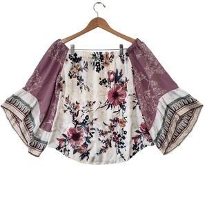 White House Black Market Blouse Womens M Floral Off Shoulder Bell Sleeve Boho